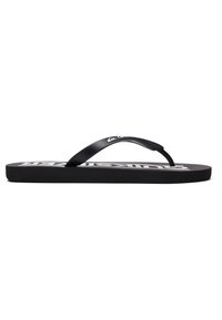 Sort flip-flop med en tekstureret sål og et kontrasterende hvidt logo. Stroppen er let buet og lavet af et glat, holdbart materiale.