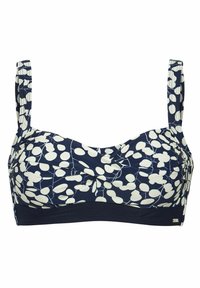 Mörkblå bh med ett blommigt vitt mönster, med breda axelband, samlad tyg vid bysten och ett fast band längst ner.