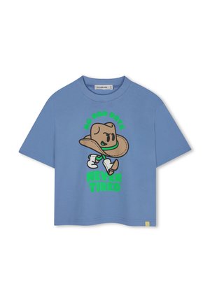 Μπλε κοντομάνικο μπλουζάκι με καρτούν που απεικονίζει έναν καουμπόη που φοράει λευκές μπότες και πράσινο κείμενο που λέει "Όχι Κακές Μέρες" και "Ποτέ Κουρασμένος."