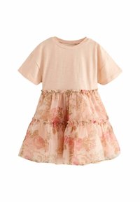 Rosa Kurzarmkleid mit festem Oberteil und geschichteten, transparenten Blumenrüschen am unteren Ende, die Rosen und helle Erdtöne zeigen.