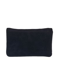 Pochette en suede noir de forme rectangulaire, texture lisse, bords arrondis et sans quincaillerie ni accents visibles.