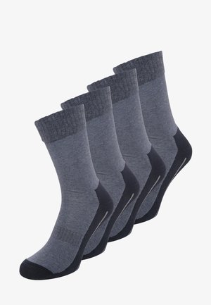 Vier Paare graue Socken mit geripptem Bündchen und soliden Akzenten an Ferse und Zehen, hergestellt aus einem weichen, strukturierten Material.