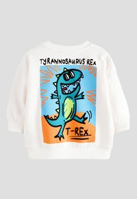 Hanorac alb cu un desen colorat de dinozaur T-Rex cu ochelari de soare, burtă verde și fundal albastru. Manșete și decolteu cu tiv reiat.