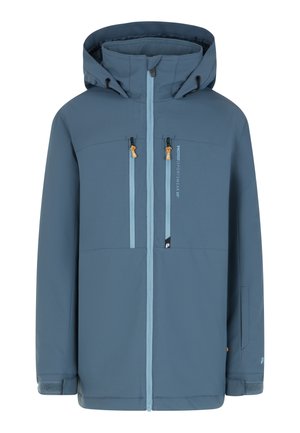 Veste imperméable bleue avec capuche, deux poches poitrine, zippers bleu clair et cordons de serrage ajustables. Offre une texture lisse et durable.