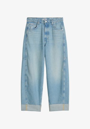 Lichtblauwe denim jeans met rechte pijpen, omgeslagen zomen, knoopsluiting aan de voorkant, ritssluiting en een ontwerp met vijf zakken.