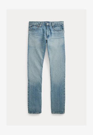 Šviesiai mėlyni džinsai iš džinsinio audinio su išblukusia skalbimo spalva, penkių kišenių dizainu, tiesiomis kojų linijomis ir sagos užsegimu juosmens srityje.