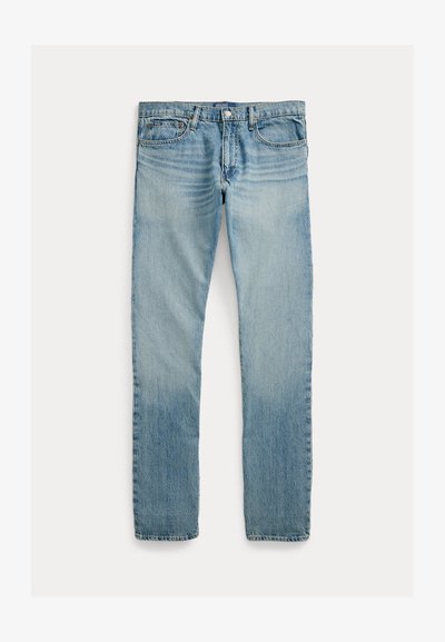 Calças de ganga azul claro com lavagem desbotada, design com cinco bolsos, corte reto e fecho de botão na cintura.