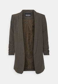 Mörkgrön kavaj med slät struktur, uppvikta ärmar och enkel öppen framkant. Insidan är ljusbrun med en subtil veckdetalj.