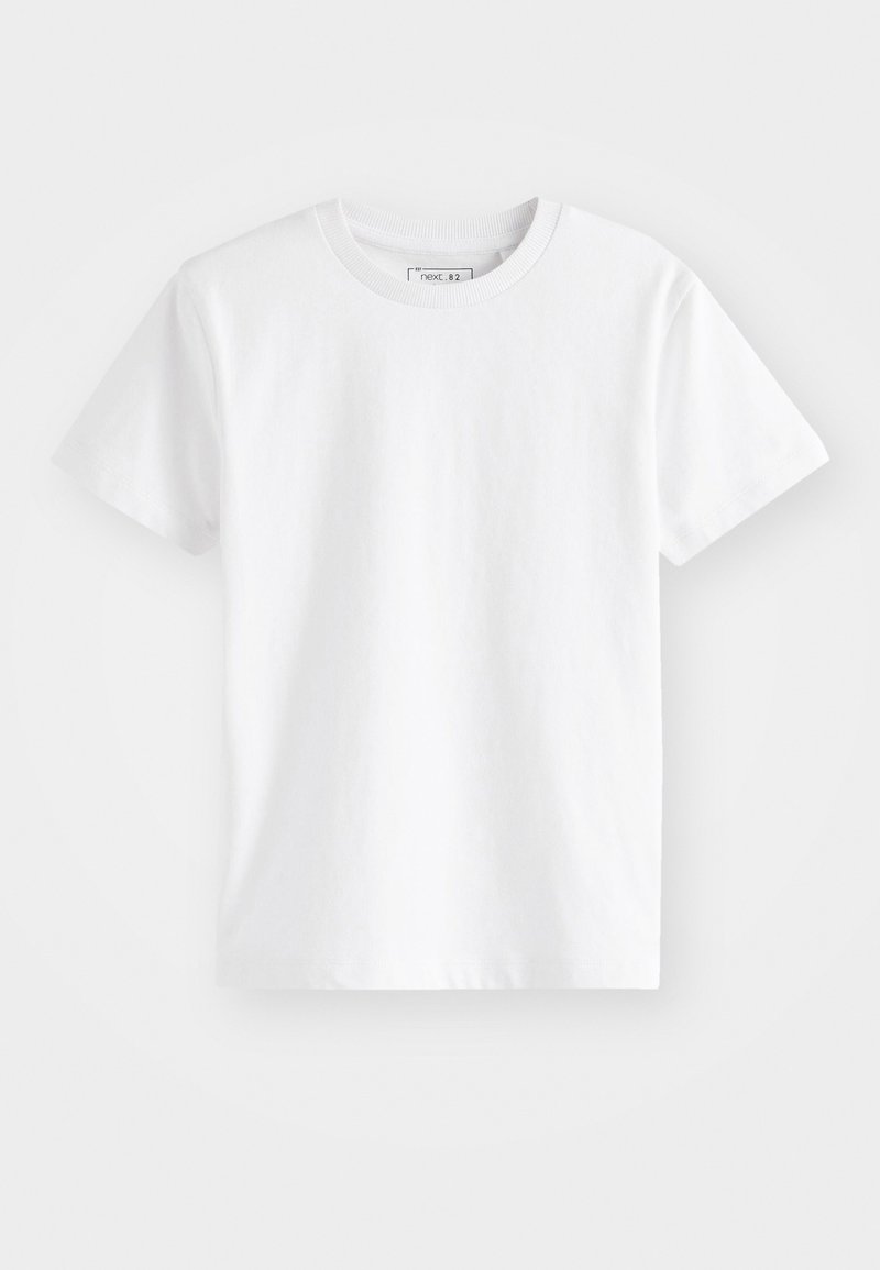 Weißes Baumwoll-T-Shirt mit klassischem Rundhalsausschnitt und kurzen Ärmeln, mit glatter Textur und ohne sichtbare Muster oder Akzente.