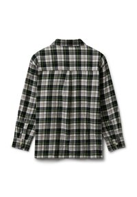 Camicia di flanella a maniche lunghe con un motivo a quadri sottile in nero, grigio, bianco e verde, mostrata da dietro su uno sfondo bianco.
