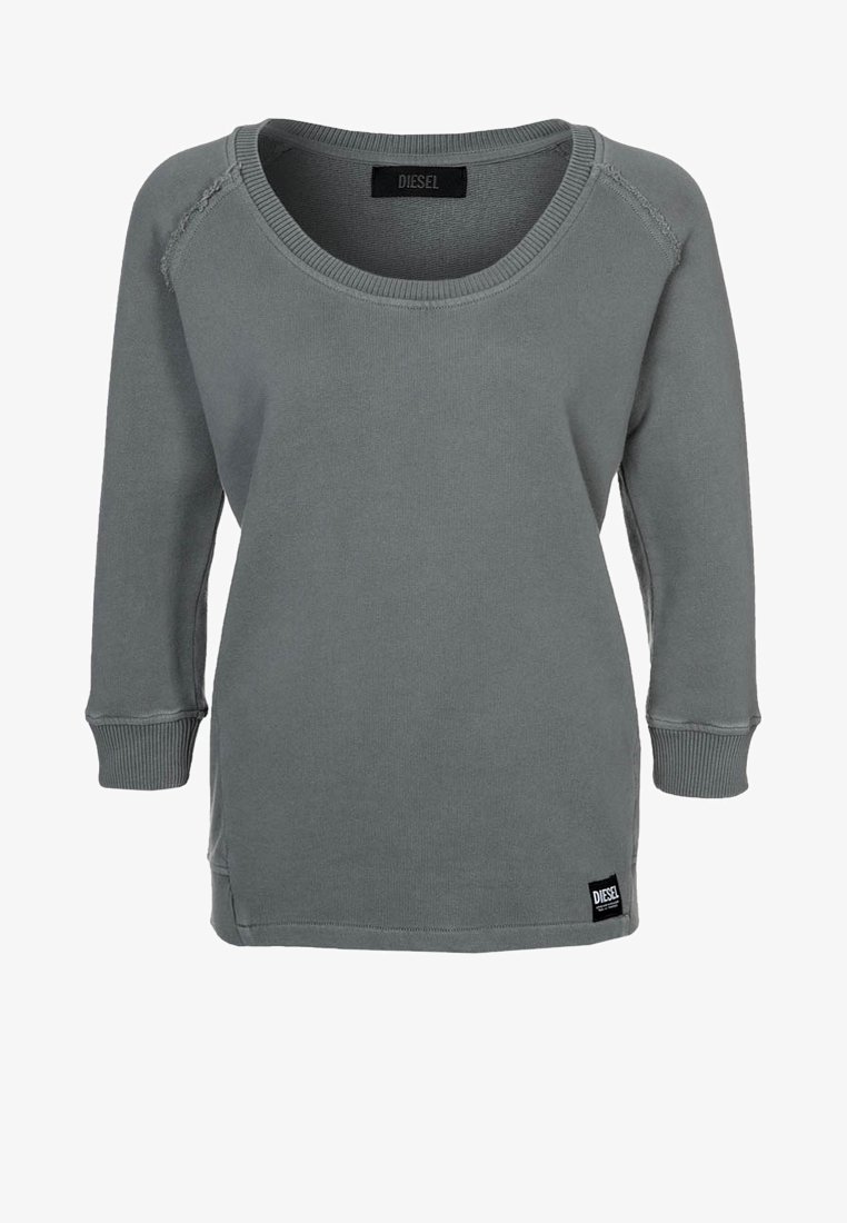 Sweat-shirt en coton gris avec un col rond, des manches longues et des poignets côtelés. Présente un petit logo Diesel en bas à gauche.