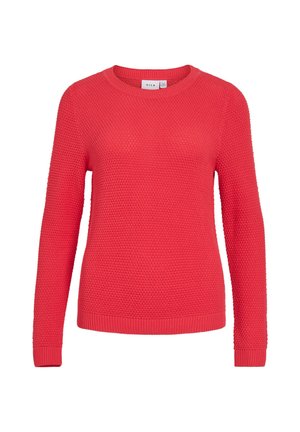 Rød strikket sweater med rund hals, lange ærmer, tekstureret mønster samt ribbede manchetter og kant. Fremstillet af blødt, åndbart materiale.