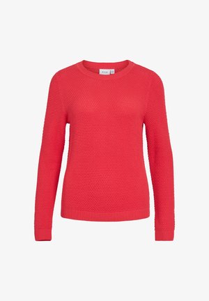 Rød strikket sweater med rund hals, lange ærmer, tekstureret mønster samt ribbede manchetter og kant. Fremstillet af blødt, åndbart materiale.
