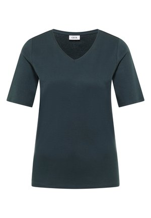 T-shirt vert foncé à manches courtes et col en V avec un ourlet droit et une étiquette de marque "CECIL" à l'intérieur du col.