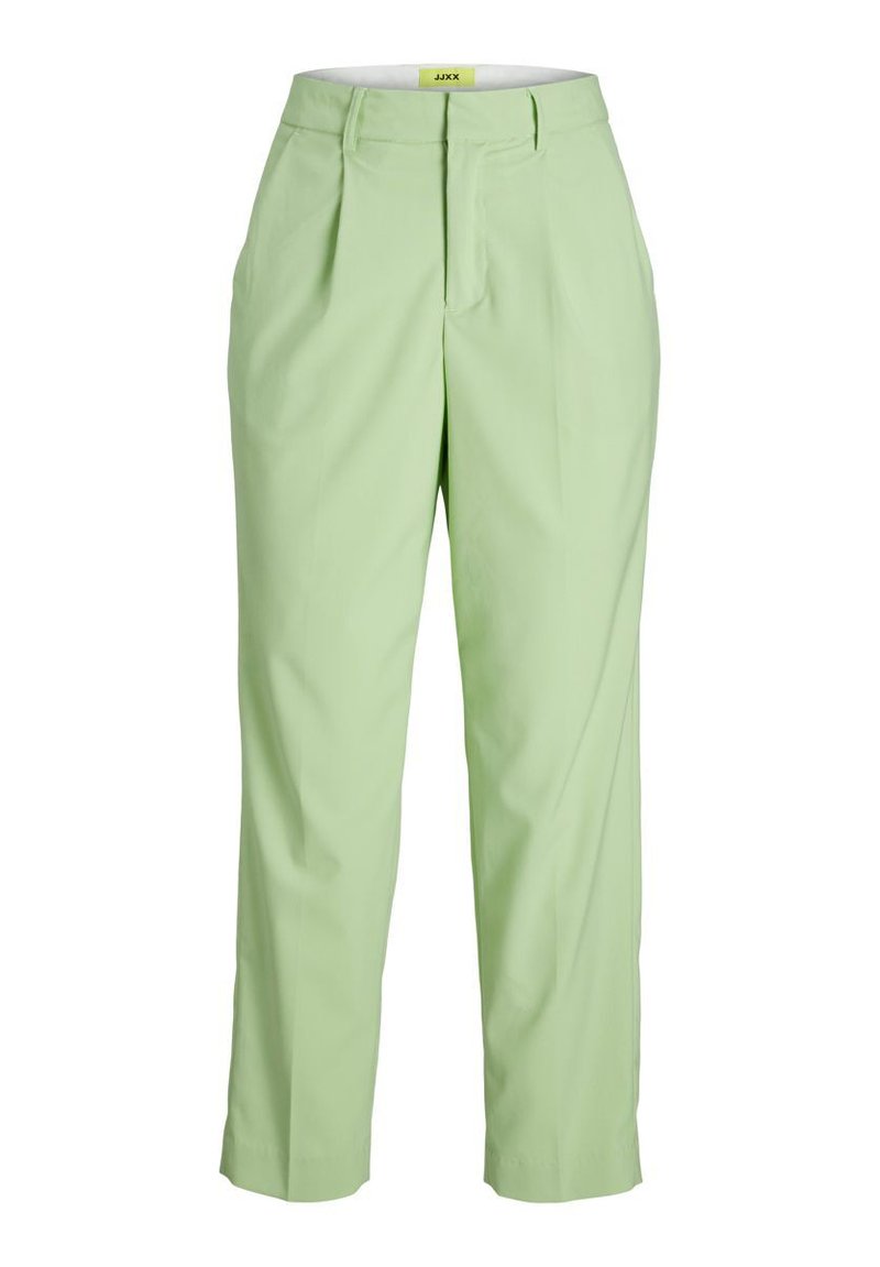 Calças de cintura alta verde-claro com pregas frontais, design de perna ajustada e uma textura suave e entrelaçada. Apresenta uma etiqueta da marca amarela no interior.