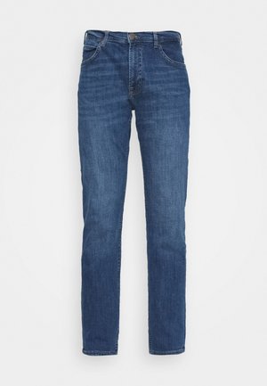 Blue denim jeans with a straight leg cut, featuring five pockets, a metal button closure, and subtle fading on a smooth texture.
