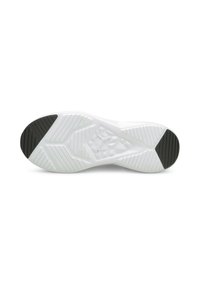 Semelle de chaussure avec une surface blanche texturée, dotée d'un talon en caoutchouc noir et d'un motif géométrique pour une meilleure adhérence. Conception de semelle intermédiaire hexagonale.