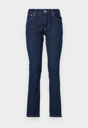 Jeans ajustados de color azul oscuro, fabricados en denim, con cinco bolsillos, passadores para cinturón y un cierre de botón metálico en la cintura. Diseño clásico de pierna recta.