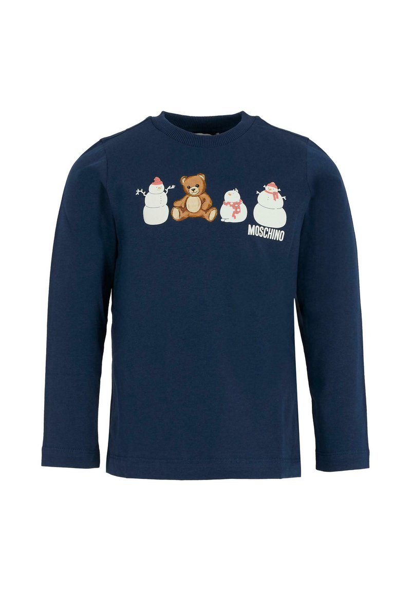 T-shirt à manches longues navy présentant des graphismes d'ours et de bonhomme de neige. Fabriqué en coton doux, il a un col rond et des poignets côtelés.