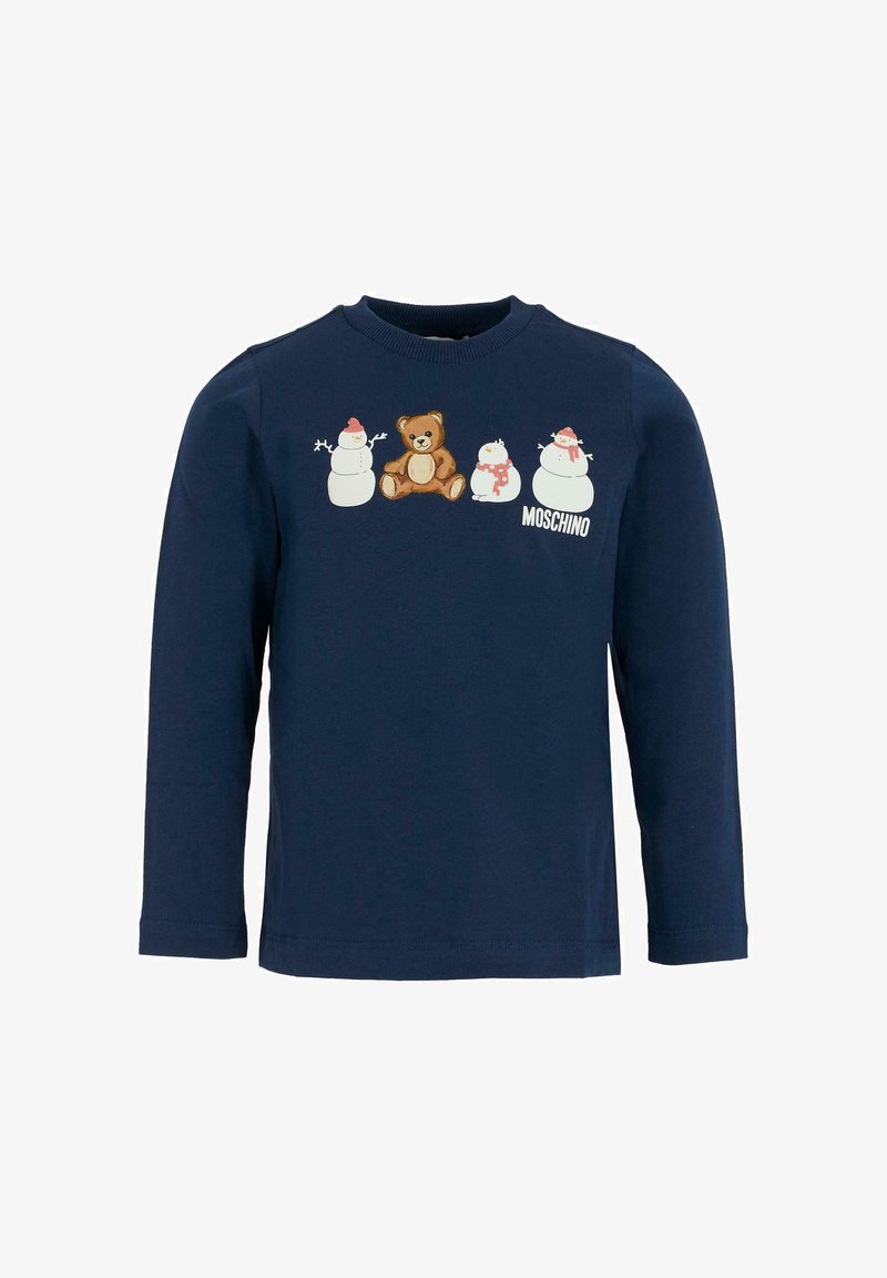 Granatowa koszulka z długim rękawem z grafiką niedźwiedzia i bałwana. Wykonana z miękkiej bawełny, ma okrągły dekolt i ściągacze przy mankietach.