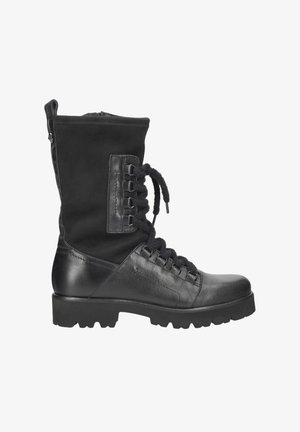 Czarna wojskowa obuwie z mixem skóry i tkaniny, z sznurowanym przodem, bocznym zamkiem błyskawicznym oraz grubą gumową podeszwą dla lepszej przyczepności.