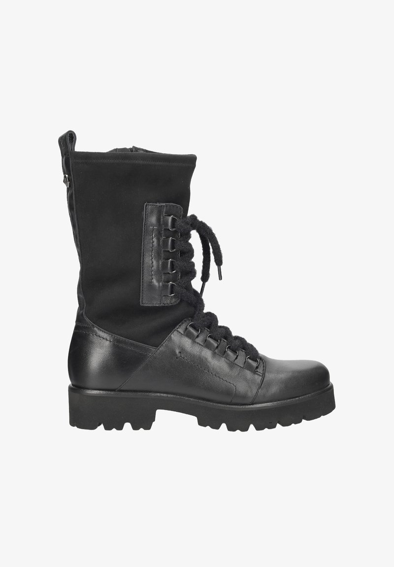 Czarna wojskowa obuwie z mixem skóry i tkaniny, z sznurowanym przodem, bocznym zamkiem błyskawicznym oraz grubą gumową podeszwą dla lepszej przyczepności.