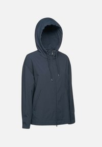 Donkerblauwe hoodie met een voorrits, zijzakken en een verstelbaar trekkoord bij de capuchon, gemaakt van lichtgewicht materiaal.