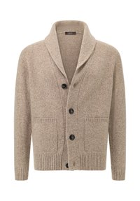 Beige stickad kofta med sjalkrage, fyra svarta knappar, två framfickor och ribbade ärmslut och nederkant.