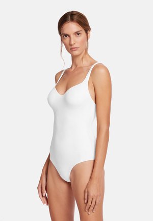 Witte eenstukswimsuit met verstelbare dunne bandjes, een soepele textuur en een klassiek ontwerp met een ronde halslijn en een gematigde beenopening.