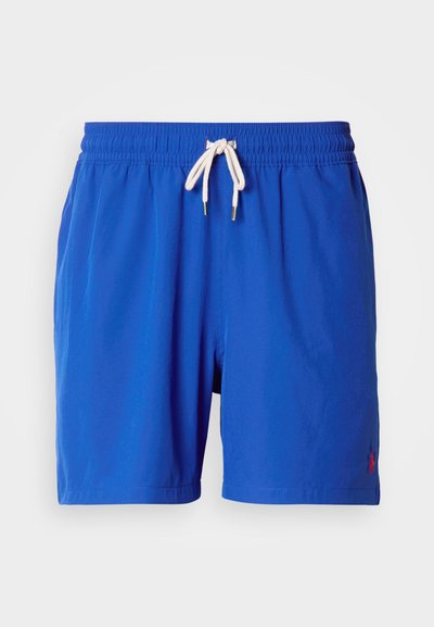 Blue swim shorts made of lightweight fabric, featuring an elastic waistband with an adjustable drawstring and a small embroidered logo detail.