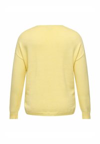 Pull jaune, texture douce, coupe décontractée, poignets et ourlet côtelés, manches longues, col rond, design uni, vue de dos.