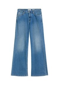 Helle blaue weite Jeans aus Denim, mit hoher Taille, frontalen Taschen und einem leicht ausgewaschenen Finish. Klassisches Fünf-Taschen-Design.