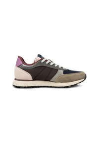 Multicolored sneakers with a mix of suede and mesh. Features gray, navy, and pink accents, lace-up design, and a textured heel.