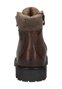 Braune Leder-Ankle-Boots mit einem weichen braunen Filzkragen, seitlichem Reißverschluss und dicker schwarzer Gummisohle, ausgestattet mit gestickten Details und einem eleganten Design.
