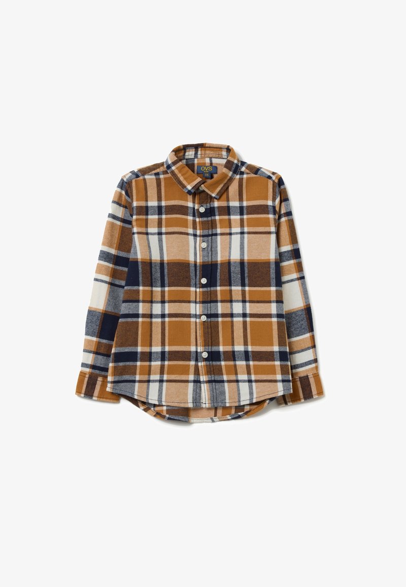 Camicia a quadri in flanella marrone e blu navale con maniche lunghe, chiusura a bottoni frontale, orlo arrotondato e colletto. Presenta diverse sezioni a quadri e strisce.