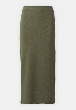 Olíva zöld, kötött midi szoknya egy illeszkedő derékrésszel és egyenes siluettel, puha tapintással, látható minták vagy hardver nélkül.