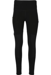 Leggings noirs avec une taille haute, ornés de panneaux contrastants et d'une texture lisse. Conçus pour le confort et la flexibilité.