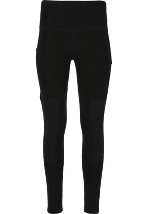 Schwarze Leggings mit hohem Bündchen, ausgestattet mit kontrastierenden Einsätzen und glatter Textur. Entwickelt für Komfort und Flexibilität.