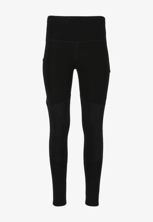 Svarta leggings med hög midja, med kontrasterande paneler och slät yta. Designade för komfort och flexibilitet.