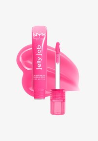 Tube de gloss à lèvres NYX Jelly Job rose vif avec applicateur et fond tacheté de gloss rose, mettant en valeur la formule brillante aux reflets intenses.