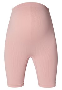 Lichtroze zwangerschapsfietsshorts van ribstof. Kenmerken zijn een rekbare tailleband en een lengte tot halverwege de dijen voor comfort en ondersteuning.