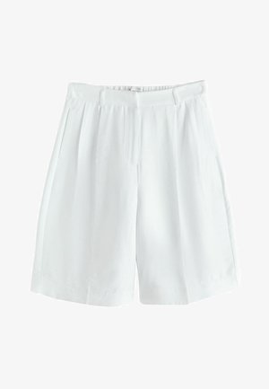 White tailored knee-length shorts with belt loops, front pleats, and a concealed front fastening.