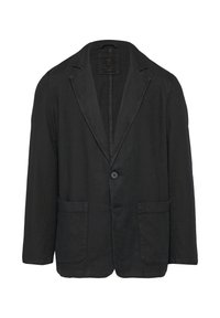 Schwarzer Blazer aus strukturiertem Stoff, mit Reverskragen, einem Knopfverschluss und zwei aufgesetzten Vordertaschen.