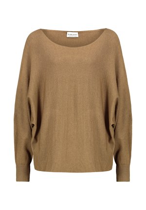 Brauner, lockerer Pullover mit weitem Ausschnitt, überschnittenen Schultern und gerippten Ärmelbündchen. Weiche Textur, minimale Details.