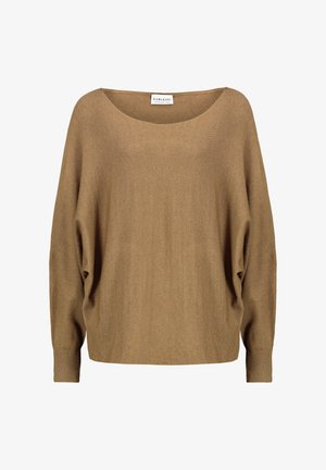 Bruine, loszittende trui met een brede halslijn, drop-shoulder ontwerp en ribgebreide manchetten. Zachte textuur, minimale details.