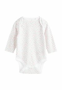 Hosszú ujjú baba body fehér pamutból, rózsaszín virágmintával, rakott vállú kialakítással és patentos alsó résszel a könnyű felöltöztethetőség érdekében.