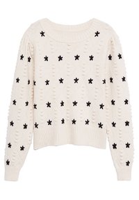 Pull en maille crème avec un motif texturé, orné d'appliqués en forme de fleurs noirs, avec des poignets côtelés et un ourlet côtelé. Design court avec un décolleté large.