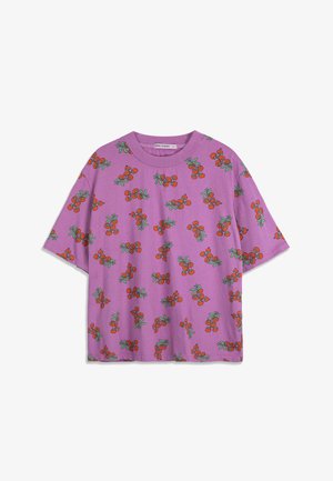 Purple short-sleeve T-shirt with an all-over pattern of small red cherry clusters with green leaves.
