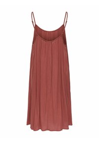 Robe marron ample sans manches avec fines bretelles spaghetti réglables et une texture fluide plissée.