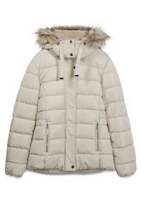 Beige pufferjakke med en hætte fôret med fake pels, lynlåslommer i siderne, quiltet design og justerbare snore ved halsen.